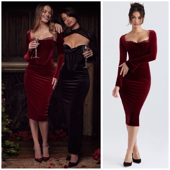House Of CB Solaine Wine Velvet Corset Dress Size Large
